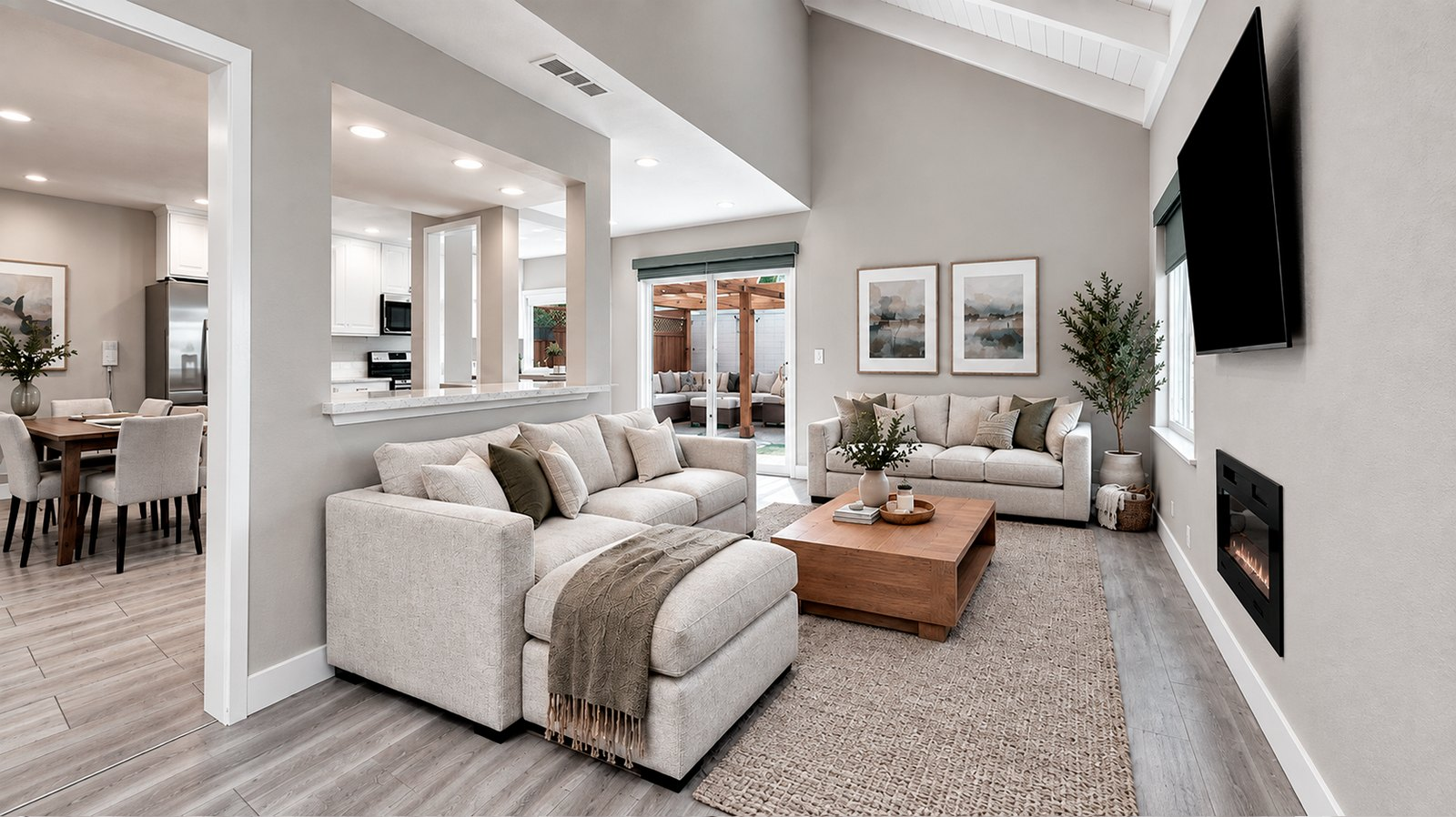 Living room at 35845 Tozier St with vaulted ceiling, exposed white beams, fireplace and open sightline to the kitchen